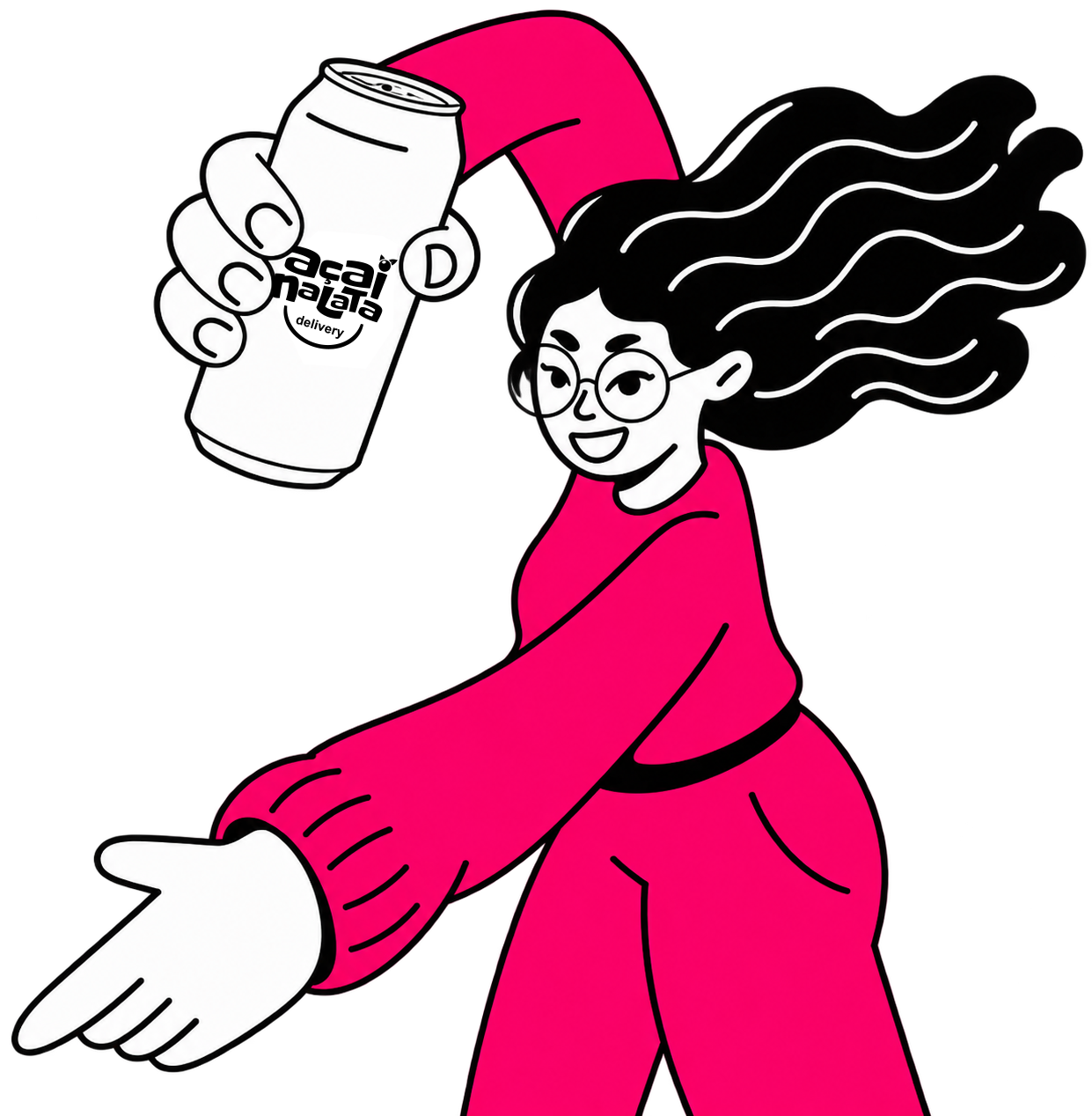 Ilustração de uma jovem sorridente segurando uma lata de Açaí NaLata, apontando com a outra mão para o botão