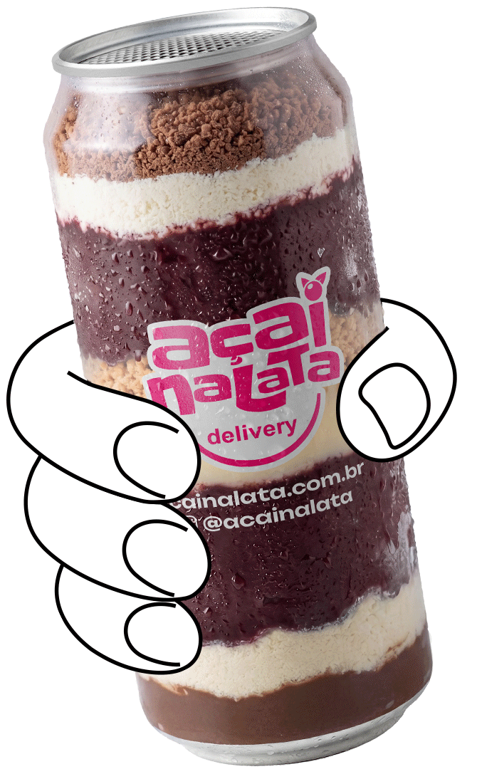 Lata de Açaí NaLata segurada por uma mão, com camadas de açaí, creme e paçoca e o logotipo da marca